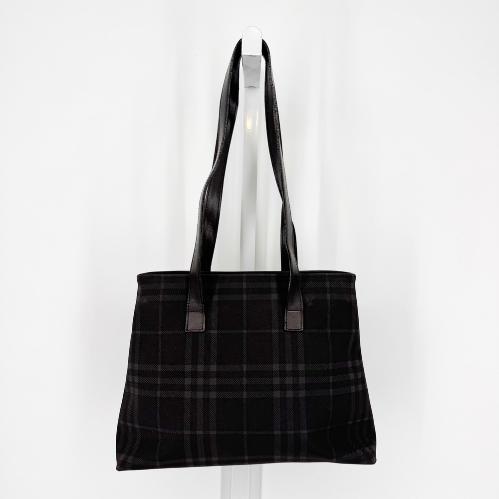 Burberry Smoky Check Canvas Tote Bag Charcoal Grey Leather Medium